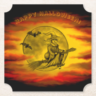 Vliegende heks met zwarte kat, halve nacht kartonnen onderzetters