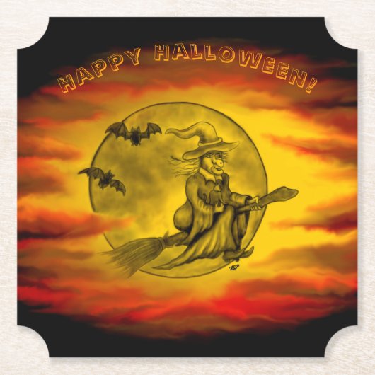 Vliegende heks met zwarte kat, halve nacht kartonnen onderzetters (Voorkant)