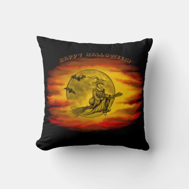 Vliegende heks met zwarte kat, halve nacht kussen (Voorkant)