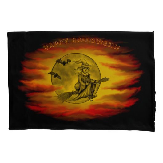 Vliegende heks met zwarte kat, halve nacht kussensloop (Voorkant)