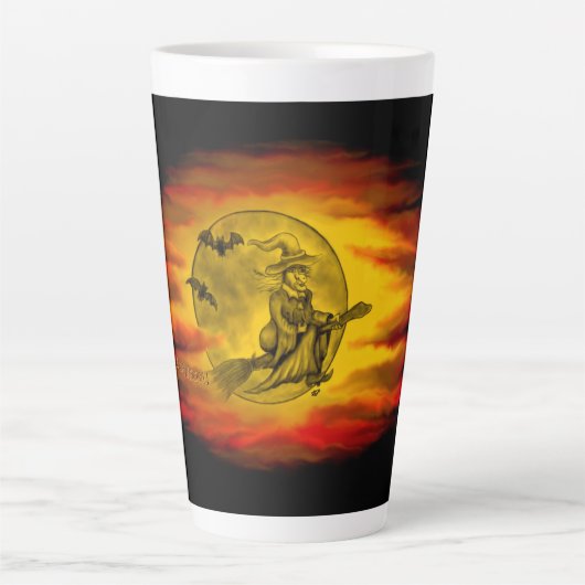 Vliegende heks met zwarte kat, halve nacht latte mok (Voorkant)