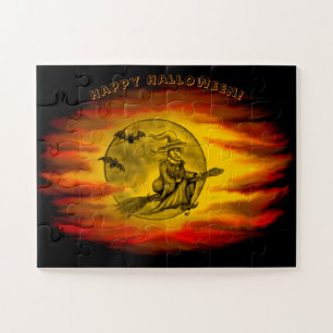 Vliegende heks met zwarte kat, halve nacht legpuzzel