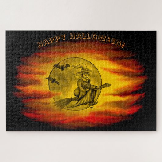 Vliegende heks met zwarte kat, halve nacht legpuzzel (Horizontaal)
