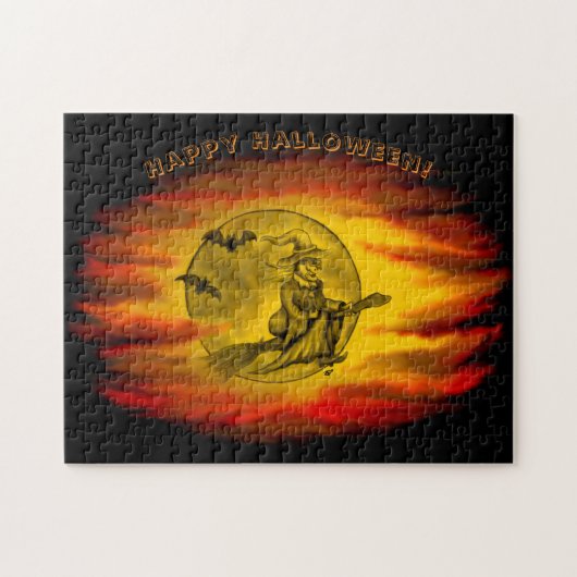 Vliegende heks met zwarte kat, halve nacht legpuzzel (Horizontaal)