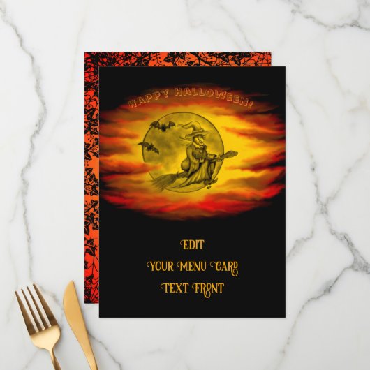 Vliegende heks met zwarte kat, halve nacht menu (Voorkant / Achterkant in situ)