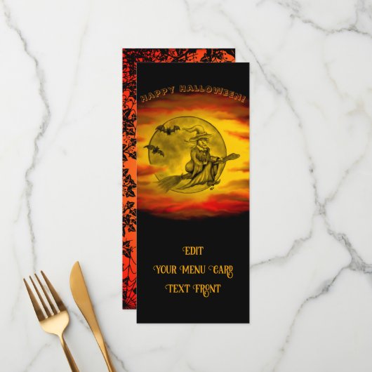 Vliegende heks met zwarte kat, halve nacht menu (Voorkant / Achterkant in situ)