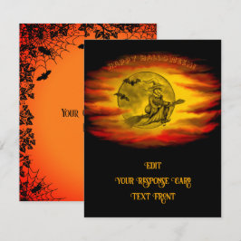 Vliegende heks met zwarte kat, halve nacht RSVP kaartje