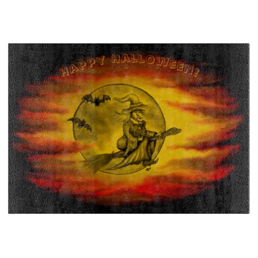 Vliegende heks met zwarte kat, halve nacht snijplank (Voorkant)