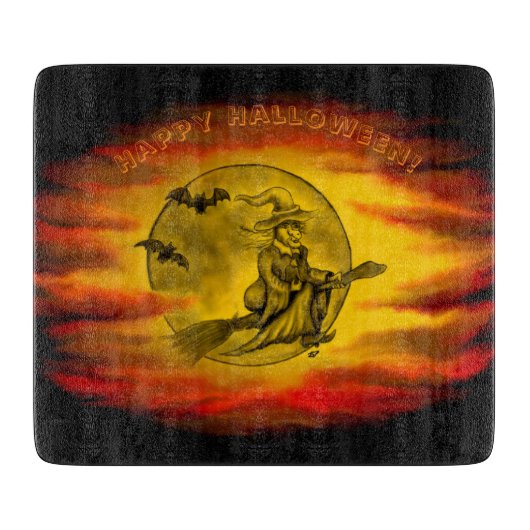 Vliegende heks met zwarte kat, halve nacht snijplank (Voorkant)