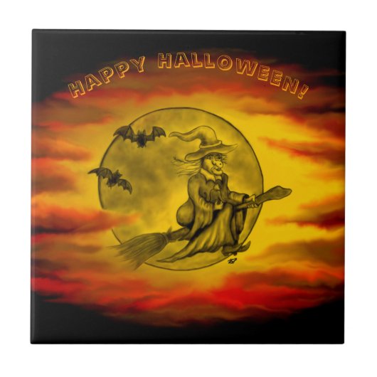 Vliegende heks met zwarte kat, halve nacht tegeltje (Voorkant)