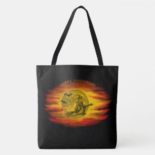 Vliegende heks met zwarte kat, halve nacht tote bag