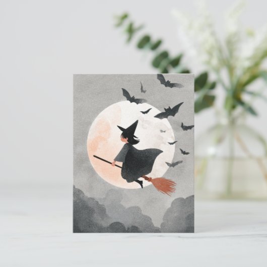 Vliegende heks op haar bezem Schattige Halloween Briefkaart (Staand voorkant)