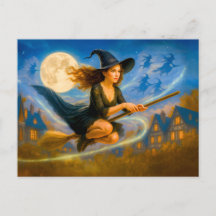 Vliegende heks over de daken van het dorp bij voll