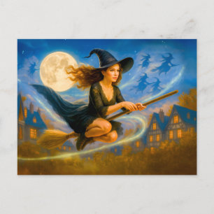 Vliegende heks over de daken van het dorp bij voll feestdagenkaart