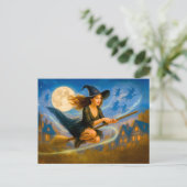 Vliegende heks over de daken van het dorp bij voll feestdagenkaart (Staand voorkant)