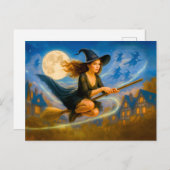 Vliegende heks over de daken van het dorp bij voll feestdagenkaart (Voorkant / Achterkant)