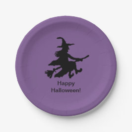 Vliegende Heks - Paars - Gelukkig Halloween - Papieren Bordje