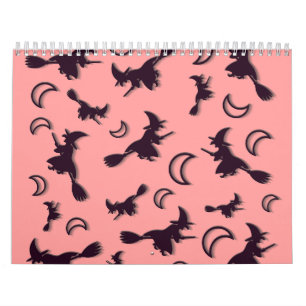 Vliegende heks tussen halve maan bij Halloween nac Kalender