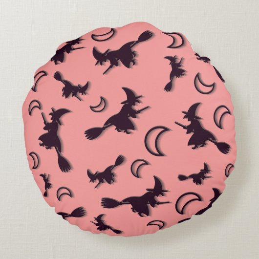 Vliegende heks tussen halve maan bij Halloween nac Rond Kussen (Achterkant)