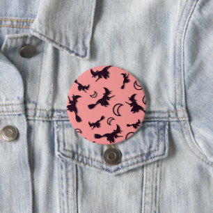 Vliegende heks tussen halve maan bij Halloween nac Ronde Button 7,6 Cm