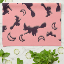 Vliegende heks tussen halve maan bij Halloween nac Theedoek