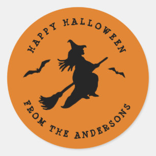 Vliegende heks Zwart & Oranje Halloween Ronde Sticker