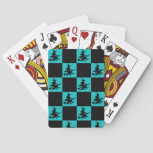 Vliegende Heks Zwart & Teal Geruit Pokerkaarten