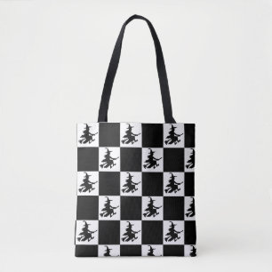 Vliegende Heks Zwart & Wit Geruit Tote Bag
