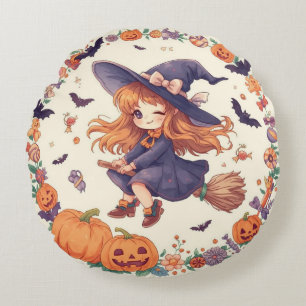 Vliegende Heksen Halloween Ronde Kussen