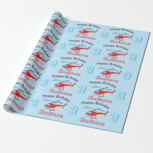 Vliegende helikopter Birthday Name & Age Cadeaupapier (Uitgerold)
