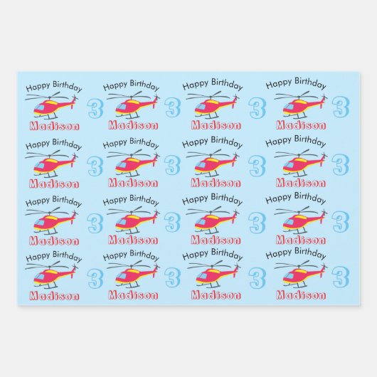 Vliegende helikopter Birthday Name & Age Inpakpapier Vel (Voorkant 2)