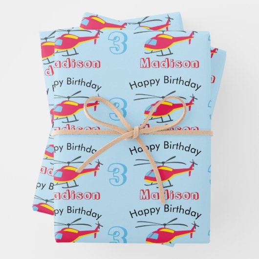Vliegende helikopter Birthday Name & Age Inpakpapier Vel (In situ)
