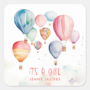 Vliegende hete luchtballonnen het is een meisje pa vierkante sticker