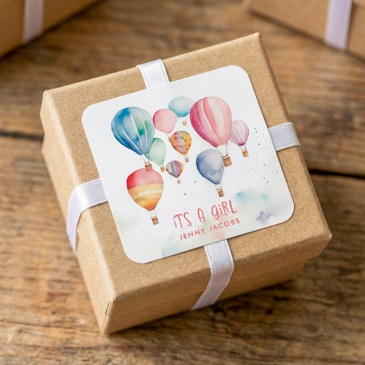 Vliegende hete luchtballonnen het is een meisje pa vierkante sticker