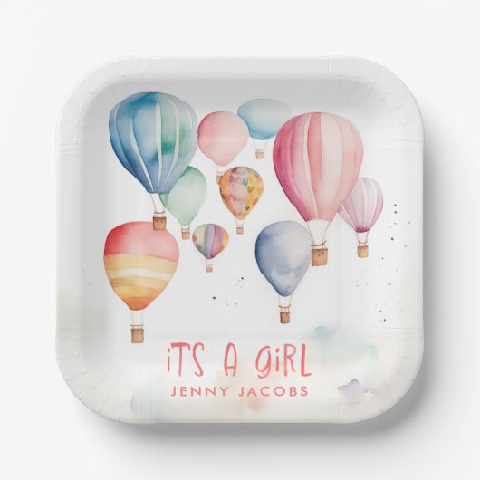 Vliegende hete luchtballonnen zijn een meisje leuk papieren bordje (Voorkant)