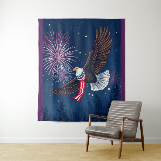 Vliegende Kale Adelaar met USA Vlag Sjaal & Vuurwe Wandkleed (In situ)