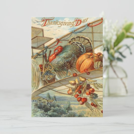Vliegende kalkoen vliegtuig Pompoen Appel Peer Mai Feestdagenkaart (Staand voorkant)