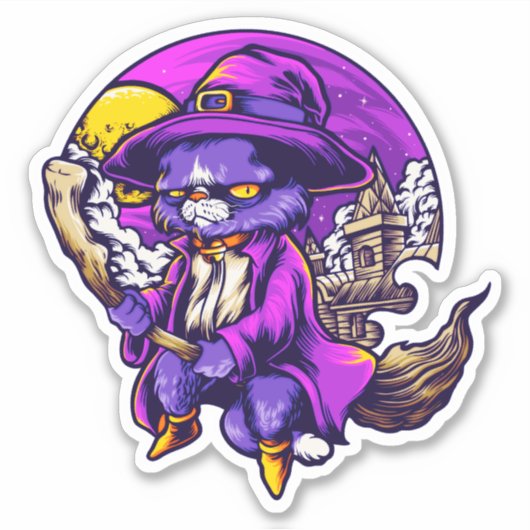 Vliegende kat heks illustratie sticker (Voorkant)