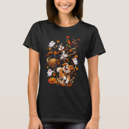 Vliegende Kat op Bezem met Hond Halloween Jacht Pr T-shirt