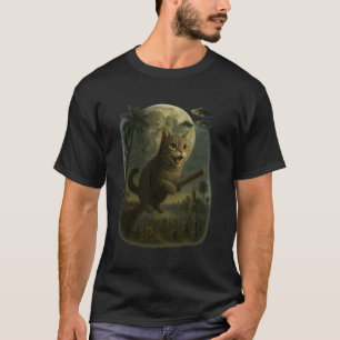 Vliegende kat op bezemsteel Halloween Nacht Scene T-shirt
