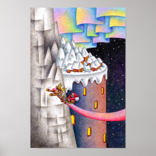 Vliegende Kerstman en een besneeuwd land. Poster