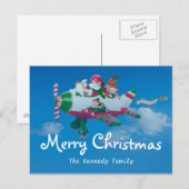 Vliegende Kerstman met Elfen in Vliegtuig Feestdagenkaart (Voorkant / Achterkant)