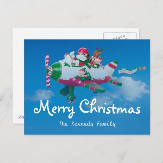 Vliegende Kerstman met Elfen in Vliegtuig Feestdagenkaart (Voorkant / Achterkant)