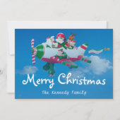 Vliegende Kerstman met Elfen in Vliegtuig Feestdagenkaart (Voorkant)