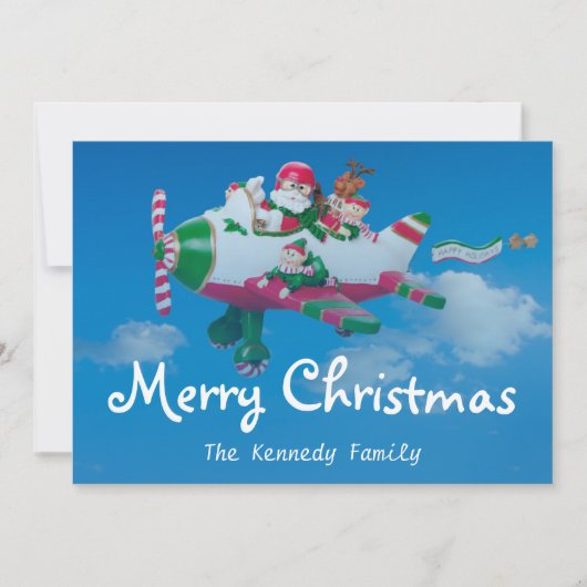 Vliegende Kerstman met Elfen in Vliegtuig Feestdagenkaart (Voorkant)