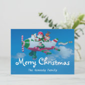 Vliegende Kerstman met Elfen in Vliegtuig Feestdagenkaart (Staand voorkant)