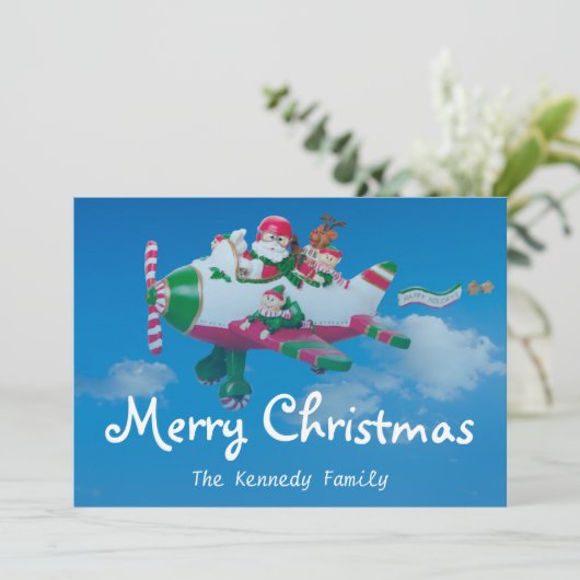Vliegende Kerstman met Elfen in Vliegtuig Feestdagenkaart (Staand voorkant)