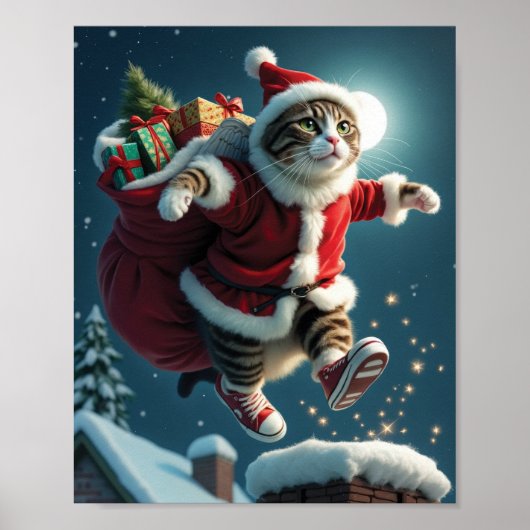 Vliegende Kerstman met kerstcadeaus en magie Poster (Voorkant)