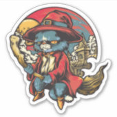 Vliegende Kitty Cat Heks Illustratie Sticker (Voorkant)