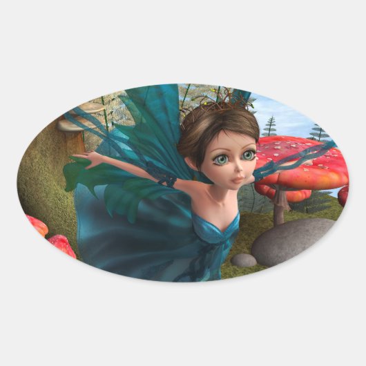 Vliegende Kleine Fee Vlinder Ovale Sticker (Voorkant)